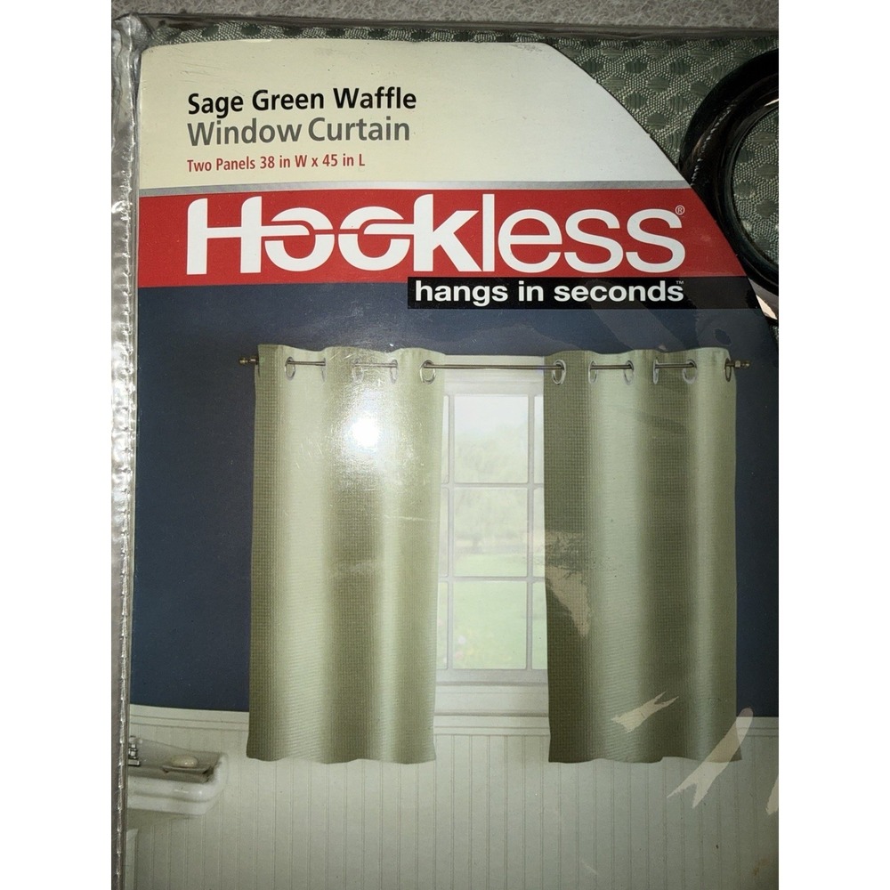 Hookless Hang In Seconds Sage Green Waffle Window Curtain 2‎ Panels 38x45 NEW!